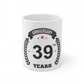 White ceramic 39th anniversary coffee mug (330ml) featuring anniversary print design